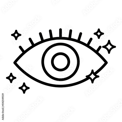 Minimalist eye outline with sparkle elements on black background