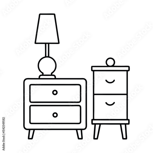 Nightstand with alarm clock and small lamp clean line scene Vector illustration