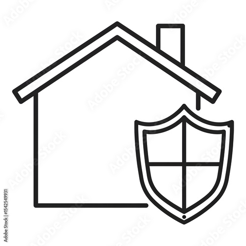 Simple Outline Illustration of Protected Home with Shield Symbol