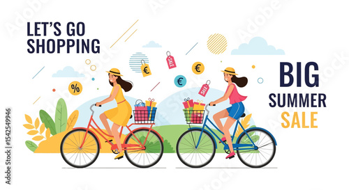 Adobe illustrator artwork vector illustration of two women happily cycling on a sunny day for a big summer shopping sale