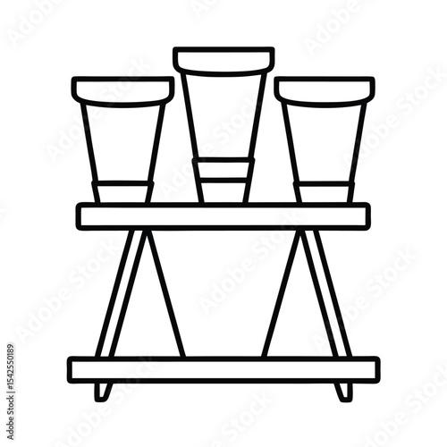 Terracotta flower pots on wooden stand clean line scene Vector illustration