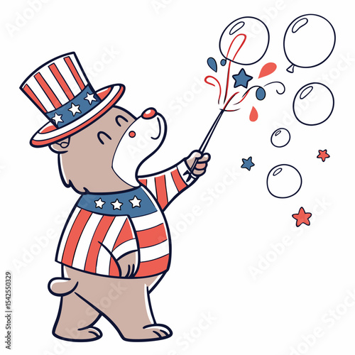 SVG art: A Excited Bear in a Independence Day (4th of July) vibe with blowing bubbles, tinted with Patriotic Spark tones