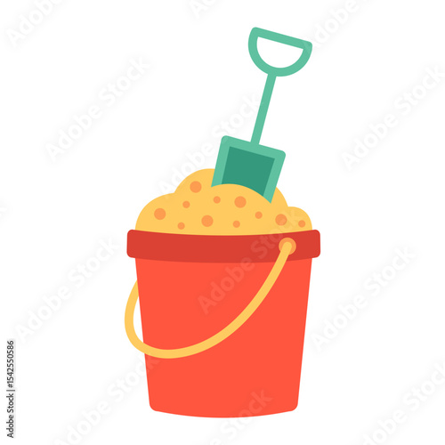 Bright red beach bucket filled with yellow sand and a green shovel. For summer, beach, card, vacation and seaside-themed design. Flat vector illustration isolated on white background.