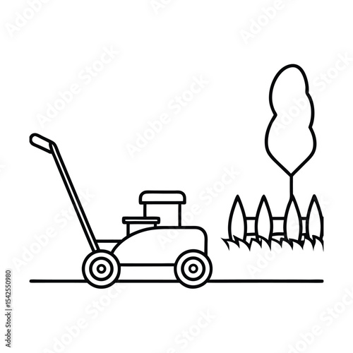 Lawn mower parked beside garden wall clean line scene Vector illustration
