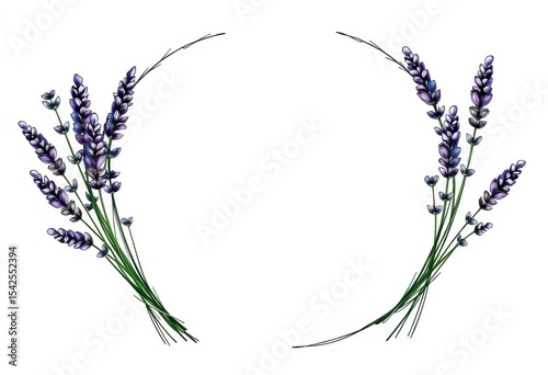 Hand-drawn lavender bunches and wreath outline, sketched vector illustration on white,  clipart,  frame