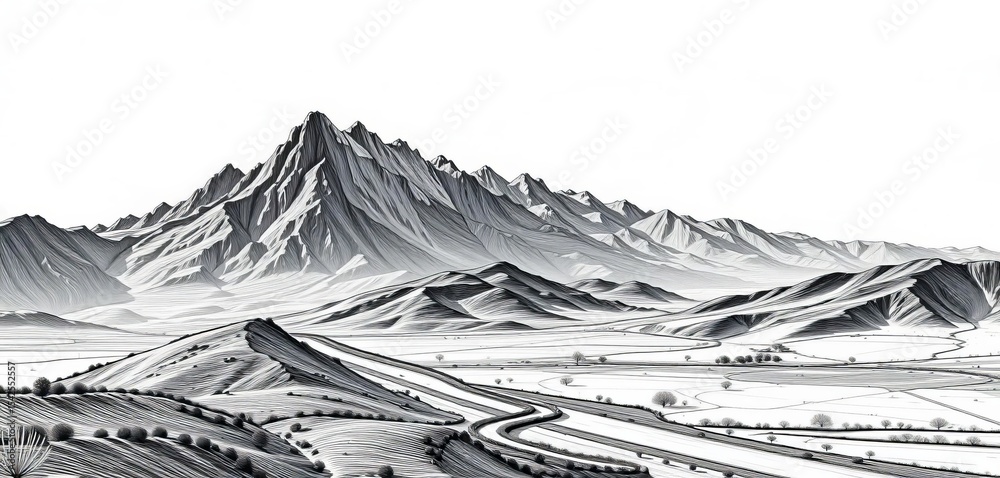 Fototapeta premium Hand-drawn black & white mountain range, winding road, expansive fields , open fields, exploration