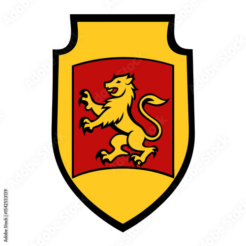 Heraldic Crest Design Featuring Lion, Shield, and Banner