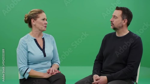 Conversation between two people on green screen for interview or presentation
