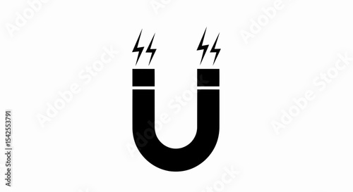 This high-quality vector image features a solid black horseshoe magnet icon with a rounded U-shape and jagged lines representing magnetic fields, all with fine details.