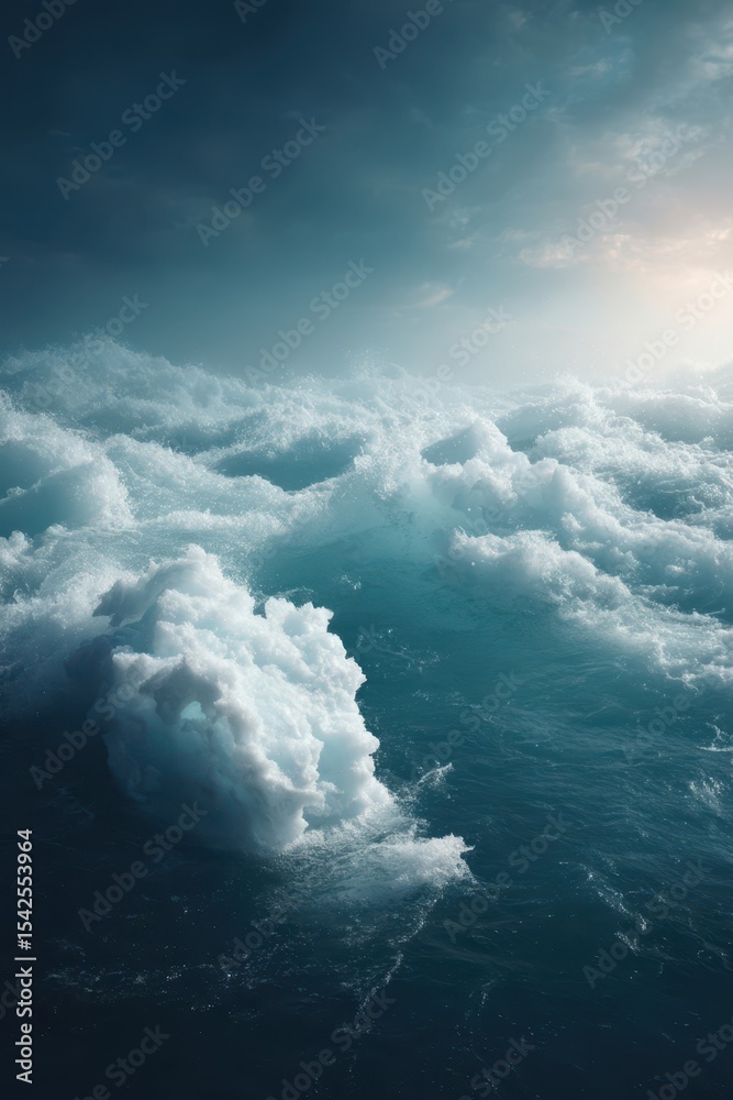 Naklejka premium Dramatic Ocean Waves with Light Reflection and Stormy Atmosphere