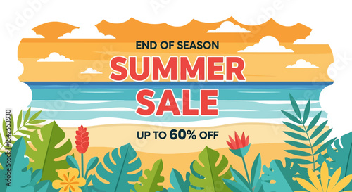 
Adobe illustrator artwork vector illustration of a tropical beach scene promoting an "End of Season Summer Sale," ideal for striking seasonal advertising and discount campaigns