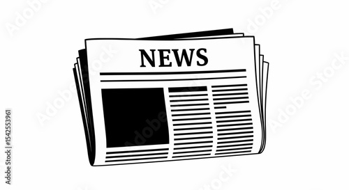 This high-quality vector graphic features a solid black newspaper icon with the word "NEWS", a rectangle representing an image, and lines representing articles, all with fine details.