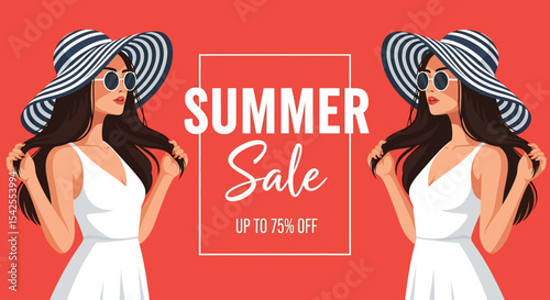 Adobe illustrator artwork vector illustration of a stylish woman in a sun hat and swimsuit, perfect for a striking summer sale poster banner, highlighting fashion and discounts