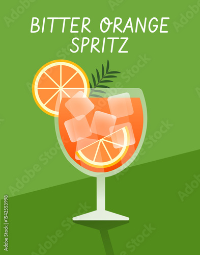 Vector illustration of Bitter Orange Spritz cocktail in a glass with orange slices and ice. Green background, perfect for summer drink designs.
