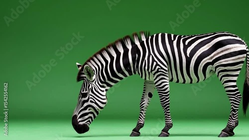 Striking Zebra in Green Backdrop: A captivating studio shot showcases a zebra against a vibrant green backdrop, emphasizing its bold black and white stripes and graceful form.
