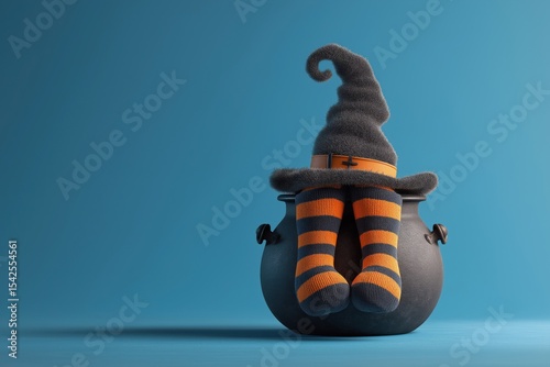 Witch legs and pointy hat resting on halloween cauldron