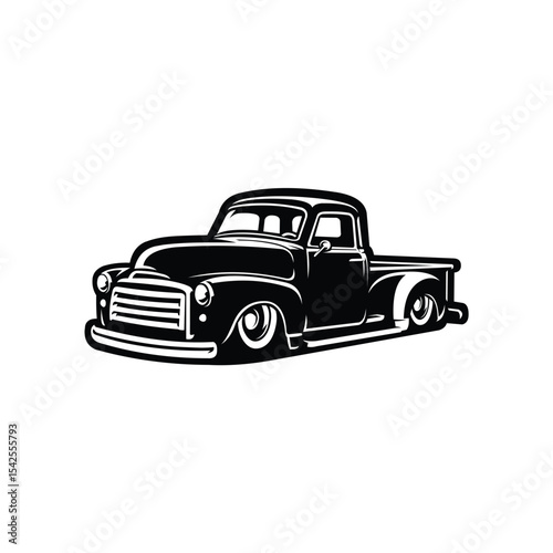 Classic lowered hotrod pickup truck monochrome vector isolated
