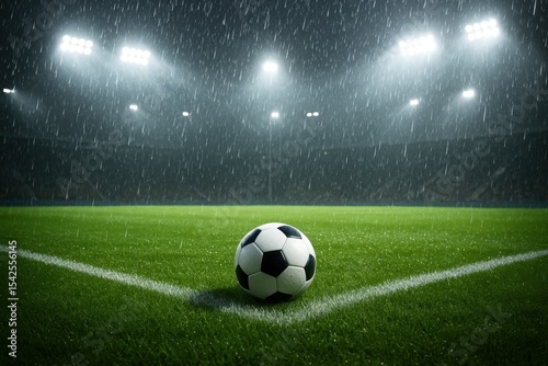 Dramatic soccer field with rain creating atmospheric sports photography and competitive energy