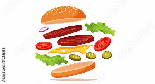 Deconstructed Burger with Fresh Ingredients Floating in Air, Vibrant Colors, and Clean Minimalist Style Illustration