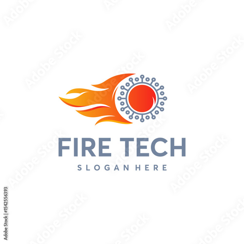A  design featuring a stylized fire and a technology-related symbol.