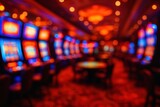 Blurry casino interior with row of slot machines creating gambling atmosphere