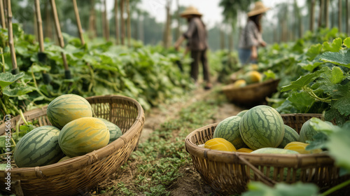 melon garden, low vines with yellowish green melons that look ripe and ready to be harvested, bamboo baskets filled with fresh melons placed near the plants, ai generated images.