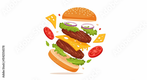 Vibrant Cartoon Illustration of a Deconstructed Cheeseburger with Fresh Ingredients Floating in Mid-Air, Perfect for Food Marke...