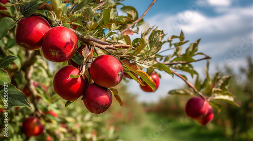 red apple orchard, apple trees bearing bright red fruits, with branches full of ripe apples ready to be picked, ai generated images.