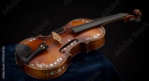 Ornate Violin Rests Elegantly Dark Background. AI Generated