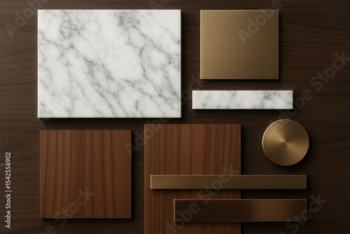 Premium interior design mood board showcasing luxury marble textures and exotic wood grain samples