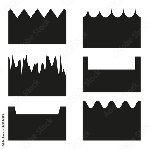 Torn paper shapes. Jagged black outline. Vector rough edges. Abstract minimal design.