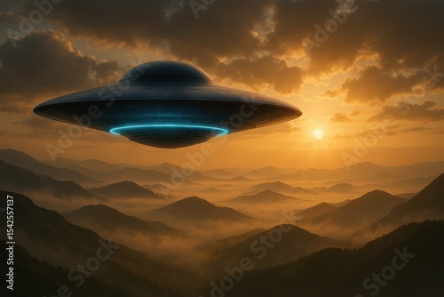 Sleek silver spacecraft hovering above misty mountain landscape in golden hour atmospheric lighting
