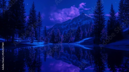 A serene landscape displays a mountain reflected in a calm lake at night. Pine trees frame the scene under a moonlit sky in shades of blue and purple.