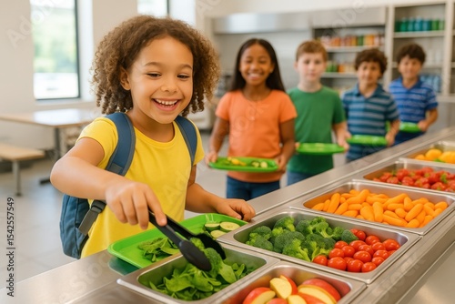 Young child enjoying healthy meal in school cafeteria with nutritious food options