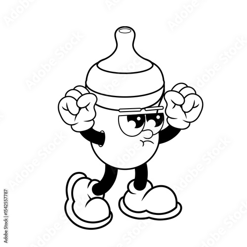 Retro character design of angry baby bottle outline