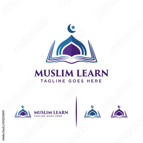 An open book  with a crescent moon and star.
