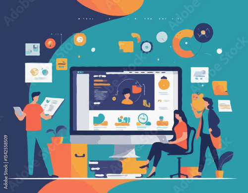 web design and web application design process concept. with a web designer and developer programmer team working together. flat vector illustration design