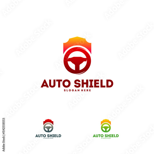 Colorful  design featuring a steering wheel inside a shield.