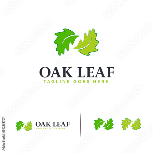 Design featuring two stylized green oak leaves forming a continuous loop. The is simple, with a clean design. The color scheme is based on different shades of green.