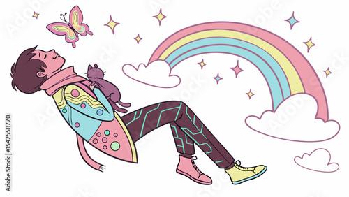 Vector dreamy illustration of person with cat, rainbow, butterfly, and stars for wall art and digital design