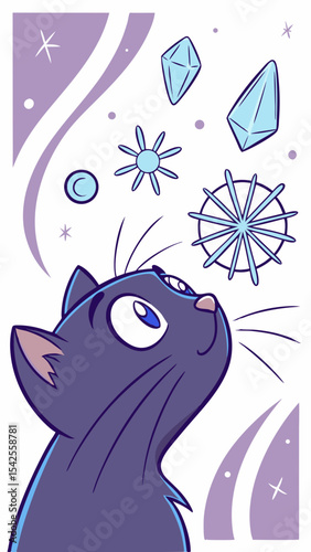 Vector cute cartoon cat looking up at snowflakes and gems vector illustration for winter holiday designs