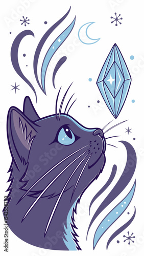Vector mystical cat gazing at crystal illustration, magical feline art, whimsical cat and gem design, fantasy art