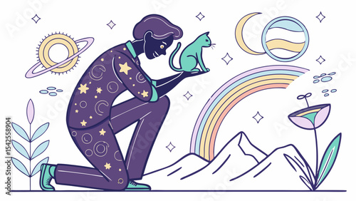Vector illustration of a person holding a cat with celestial and nature elements concept design art vector