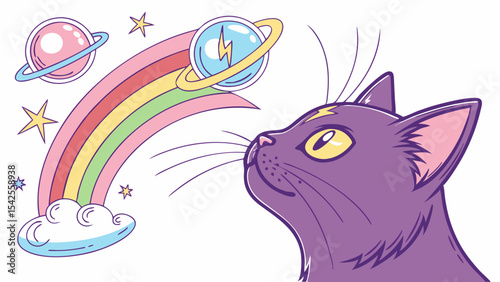 Vector cute purple cat looking at rainbow with planets and stars illustration vector art design drawing image
