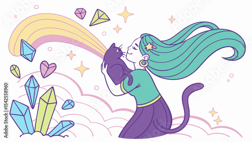 Vector illustration of woman holding black cat with rainbow crystals and stars for magical themed designs and art