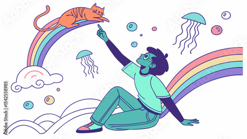 Vector illustration of person with cat on rainbow reaching for jellyfish bubbles whimsical dreamscape art style