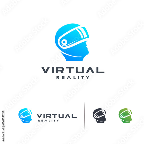 Design for a related to virtual reality technology, showcasing a stylized head with a VR headset. The design is modern, futuristic, and combines the concepts of a human head and technology.