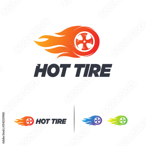 Design featuring a stylized wheel with flames, conveying a sense of speed and energy. Multiple color variations are present.