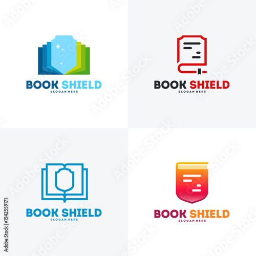 Four variations of a book shield  design.