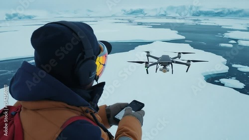 Operating Drone Over Arctic Ice Field Expedition Aerial View